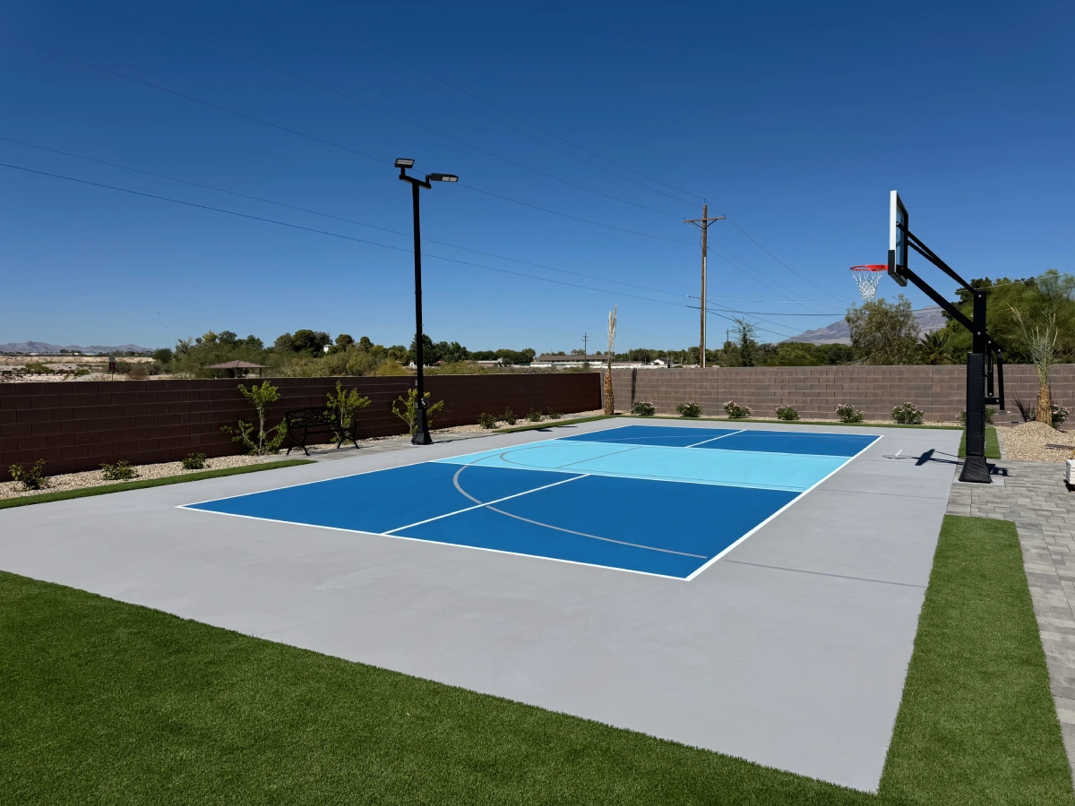Shielded LED court lighting on a backyard sport court in the Las Vegas Valley